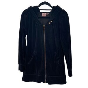 Juicy Couture Women's Black Velour Longline Zip Up Hoodie Gold Crown Buttons
